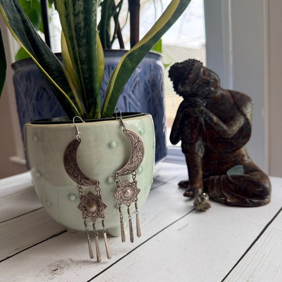 Jewelry - Crescent Moon Dangle Earrings, Silver Toned